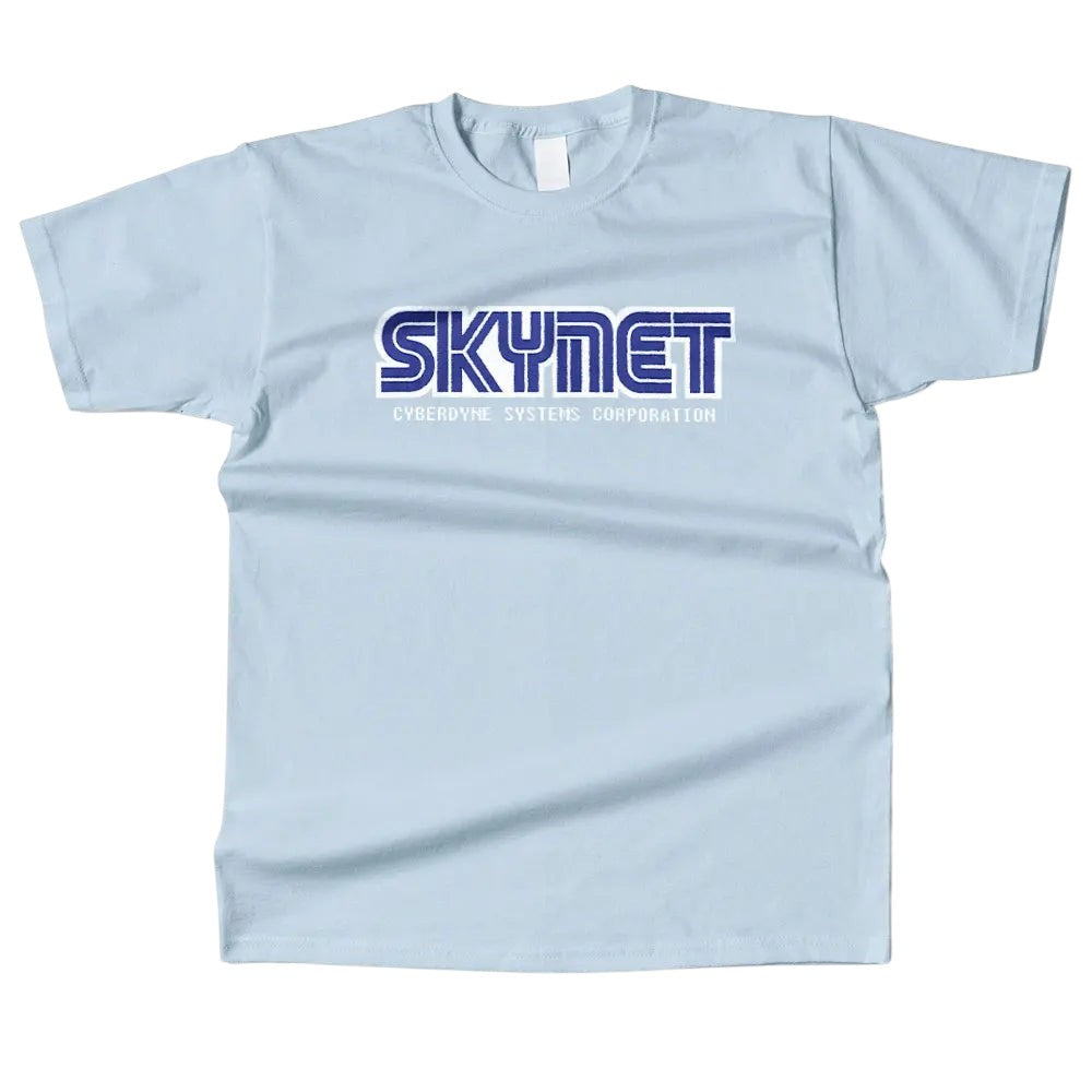 COMFORTHere light blue cotton t-shirt with the Skynet Cyberdyne Systems Corporation logo in blue and white.