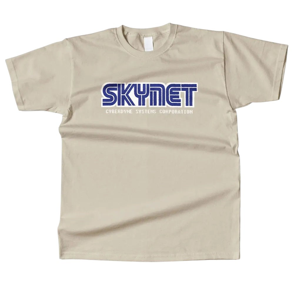 COMFORTHere Skynet Cyberdyne Systems Corporation T-Shirt in beige cotton with blue logo.