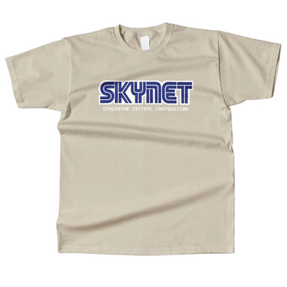 COMFORTHere Skynet Cyberdyne Systems Corporation T-Shirt in beige cotton with blue logo.