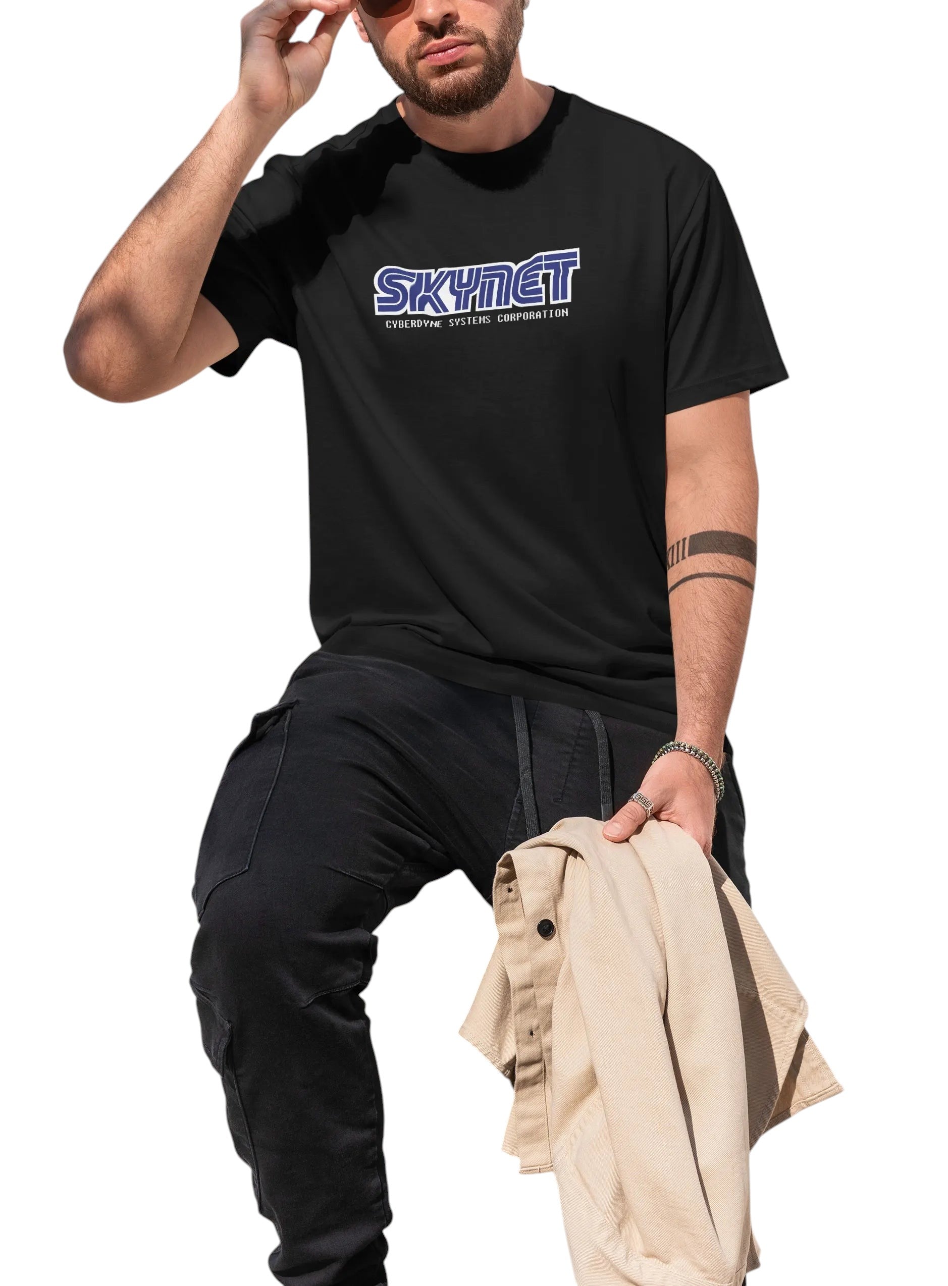 COMFORTHere black cotton t-shirt with Skynet Cyberdyne Systems Corporation logo. Casual tee for fans.