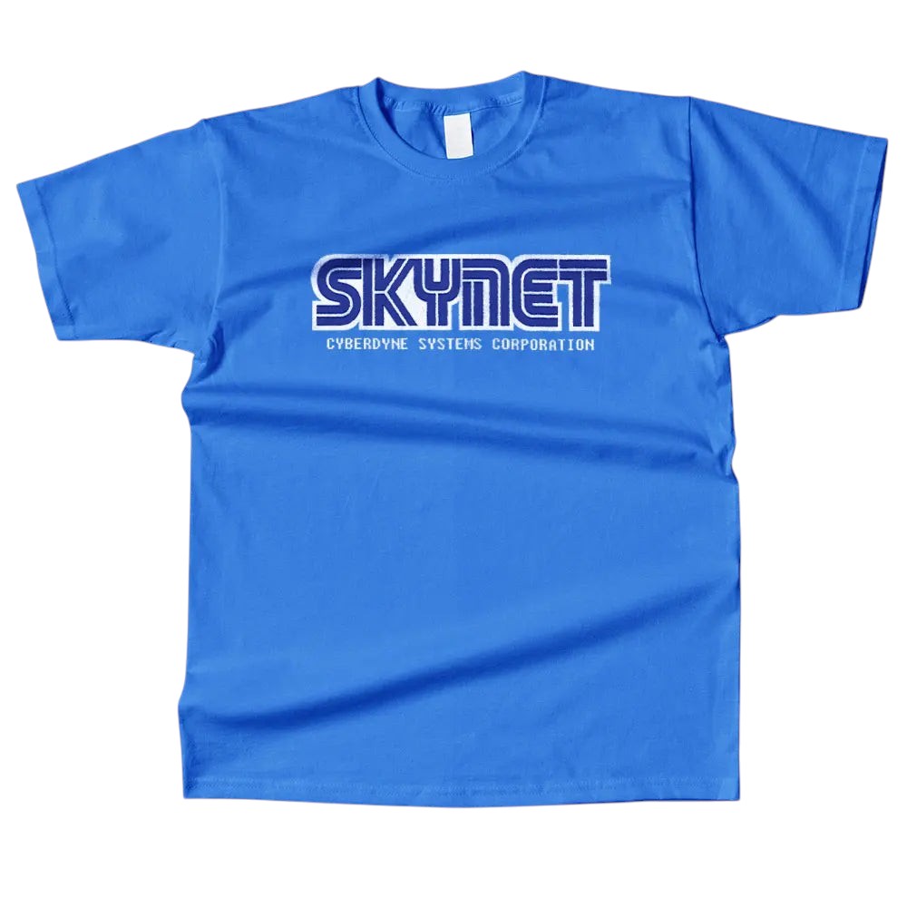 COMFORTHere Skynet Cyberdyne Systems Corporation blue cotton t-shirt with white and blue logo.