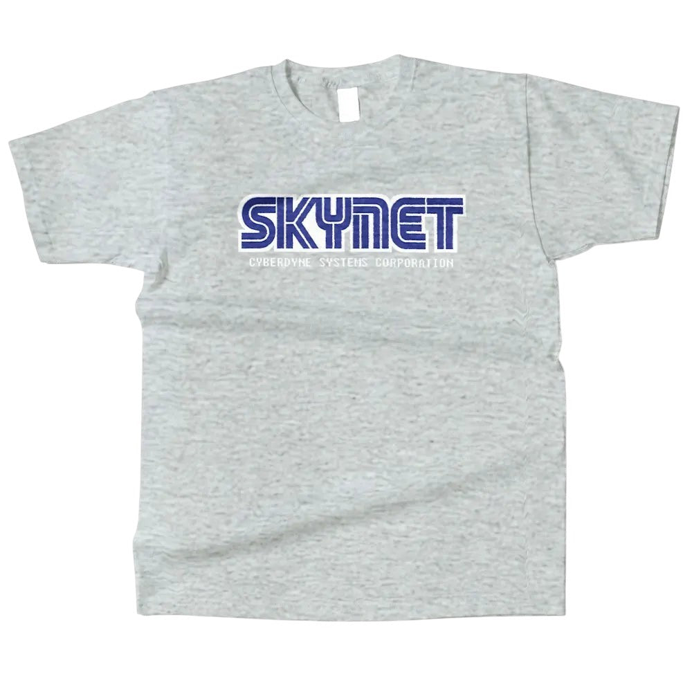 COMFORTHere grey cotton t-shirt with blue Skynet Cyberdyne Systems Corporation logo. Short sleeves, crew neck.
