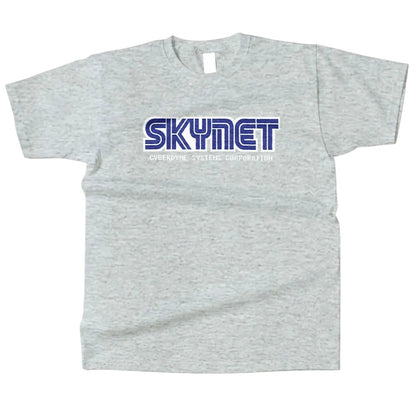 COMFORTHere grey cotton t-shirt with blue Skynet Cyberdyne Systems Corporation logo. Short sleeves, crew neck.