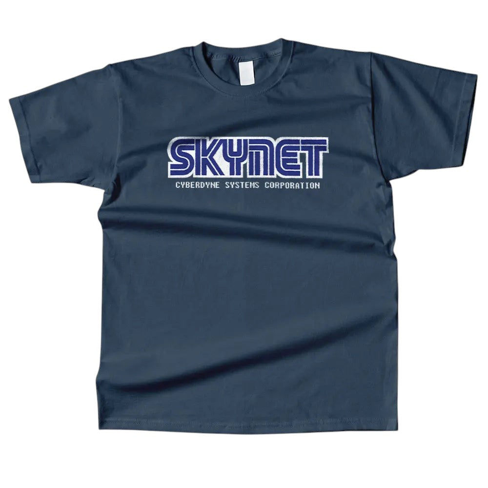 COMFORTHere navy blue cotton t-shirt with the Skynet Cyberdyne Systems Corporation logo in white and blue.