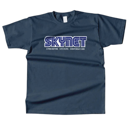 COMFORTHere navy blue cotton t-shirt with the Skynet Cyberdyne Systems Corporation logo in white and blue.