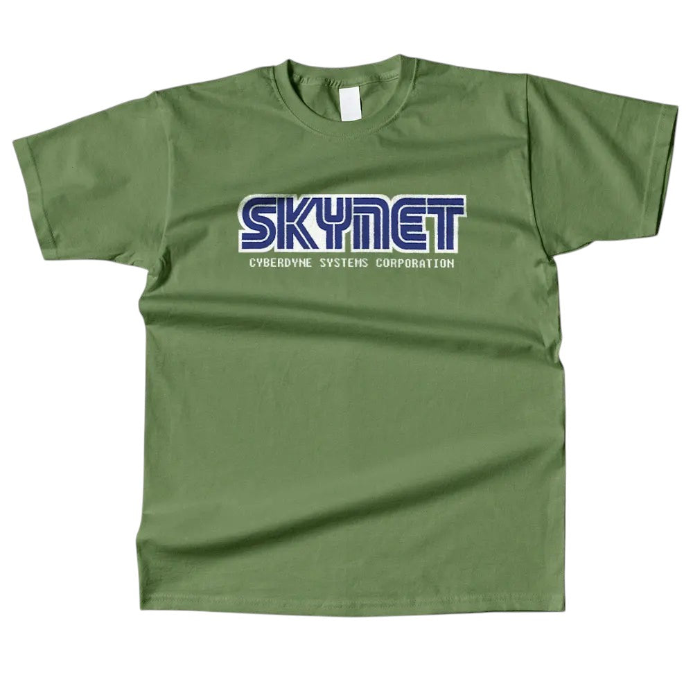 COMFORTHere Skynet Cyberdyne Systems Corporation t-shirt in olive green cotton with blue and white logo.