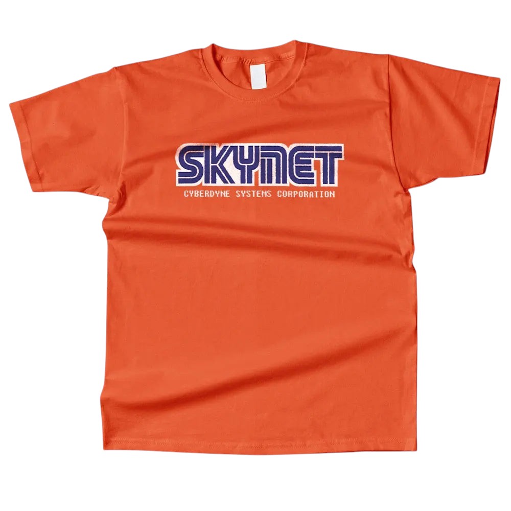 COMFORTHere orange cotton t-shirt with the blue and white Skynet Cyberdyne Systems Corporation logo. Short sleeves, crew neck.