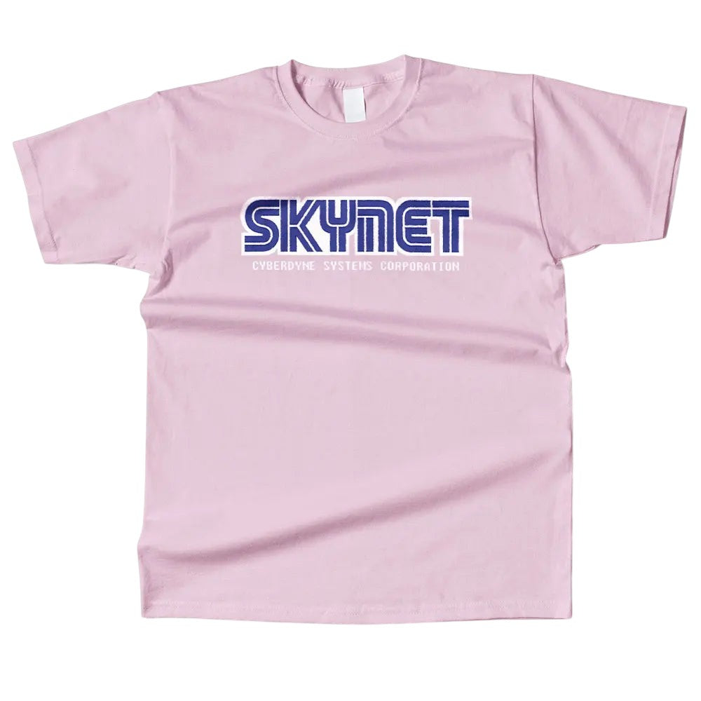 COMFORTHere pink cotton t-shirt with blue Skynet Cyberdyne Systems Corporation logo. Short sleeves, crew neck.