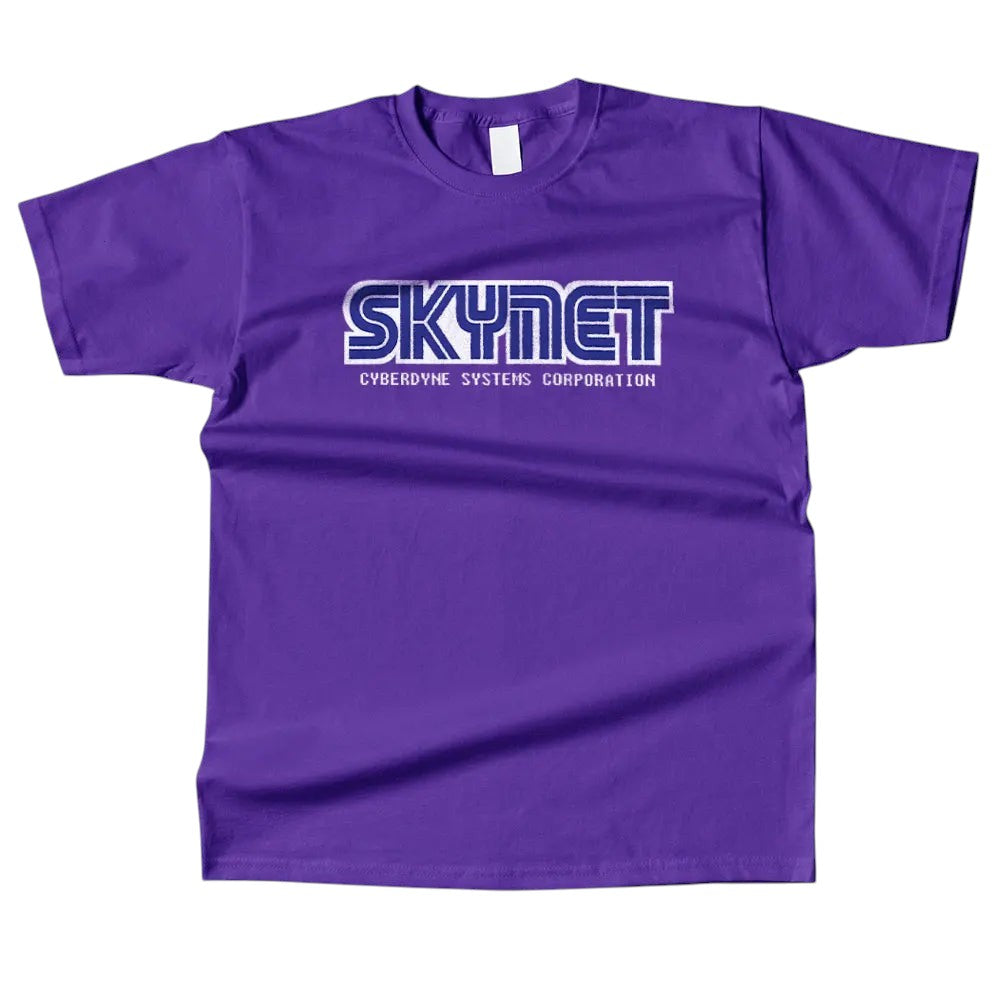 COMFORTHere Skynet Cyberdyne Systems Corporation T-Shirt in purple cotton with white and blue logo.