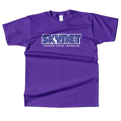 COMFORTHere Skynet Cyberdyne Systems Corporation T-Shirt in purple cotton with white and blue logo.
