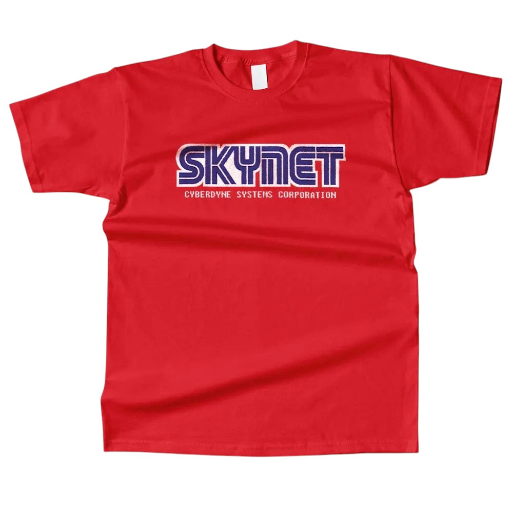 COMFORTHere red cotton t-shirt with the Skynet Cyberdyne Systems Corporation logo in blue and white.