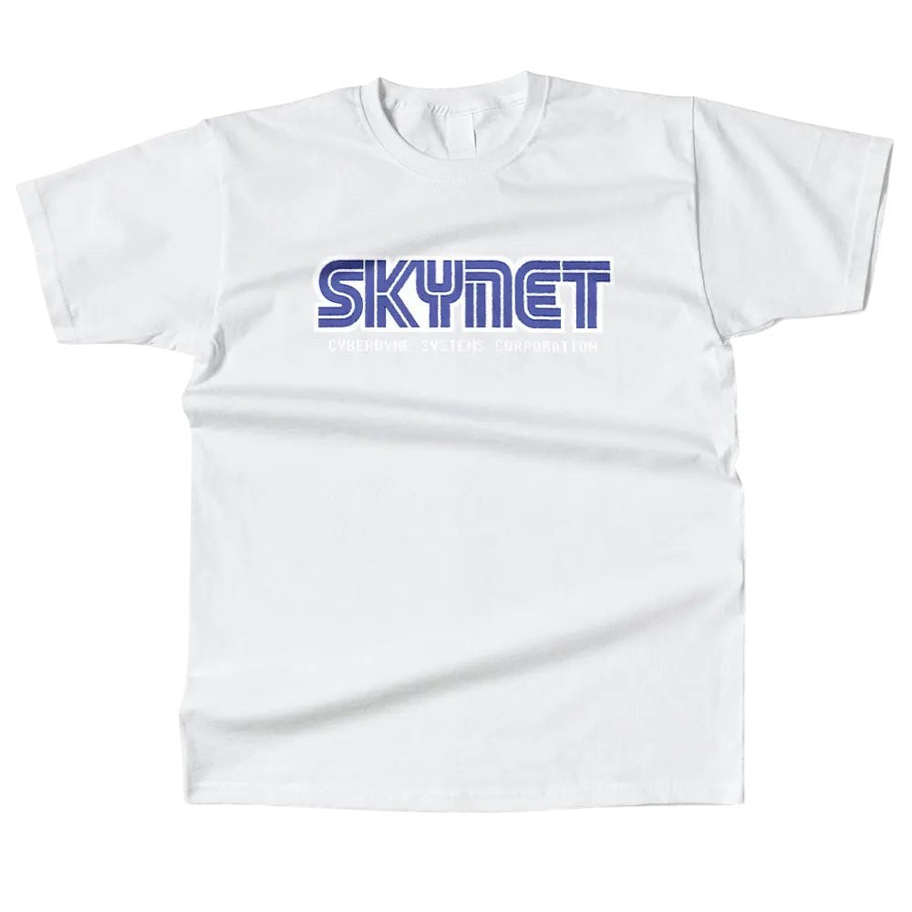 COMFORTHere white cotton t-shirt with blue Skynet Cyberdyne Systems Corporation logo graphic