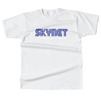 COMFORTHere white cotton t-shirt with blue Skynet Cyberdyne Systems Corporation logo graphic