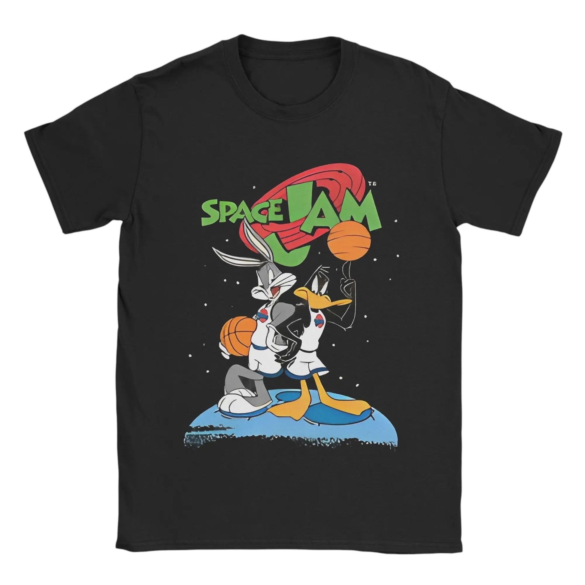 COMFORTHere black cotton t-shirt with Bugs Bunny and Daffy Duck playing basketball, Space Jam logo.