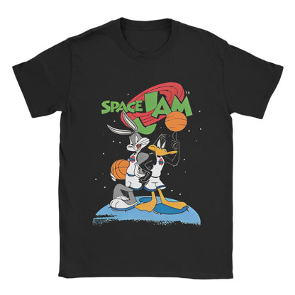 COMFORTHere black cotton t-shirt with Bugs Bunny and Daffy Duck playing basketball, Space Jam logo.