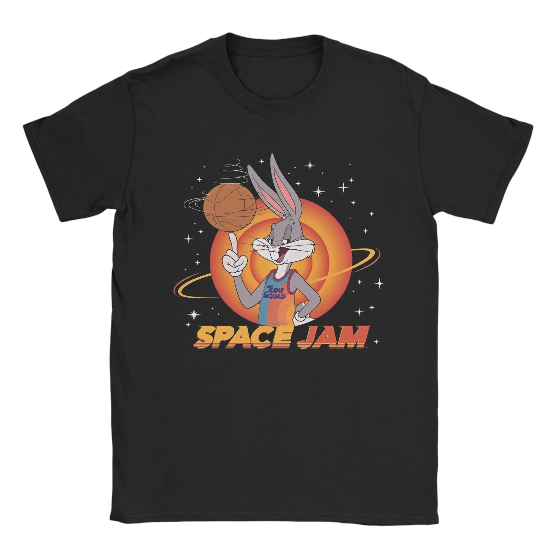 COMFORTHere black cotton t-shirt with Bugs Bunny from Space Jam spinning a basketball. Features Tune Squad logo.