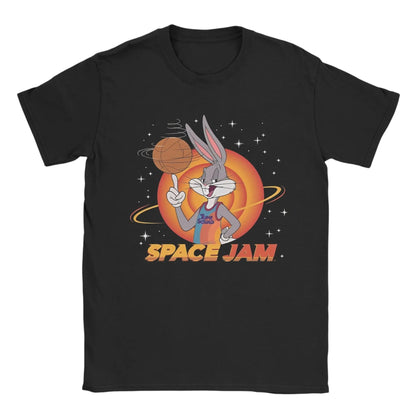 COMFORTHere black cotton t-shirt with Bugs Bunny from Space Jam spinning a basketball. Features Tune Squad logo.