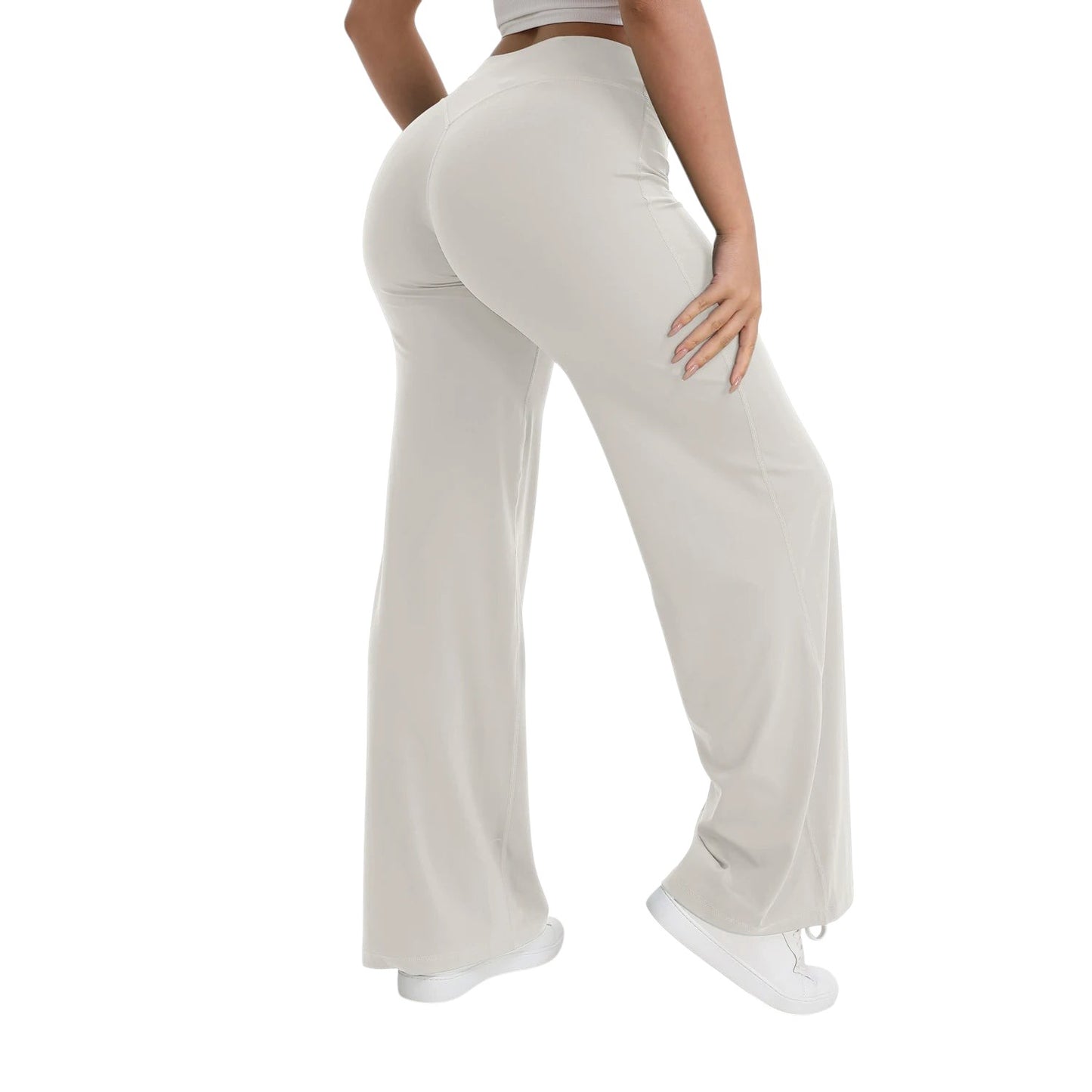 COMFORTHere NCLAGEN SoftMotion yoga pants in light beige, straight leg, mid-waist, naked-feel nylon fabric.
