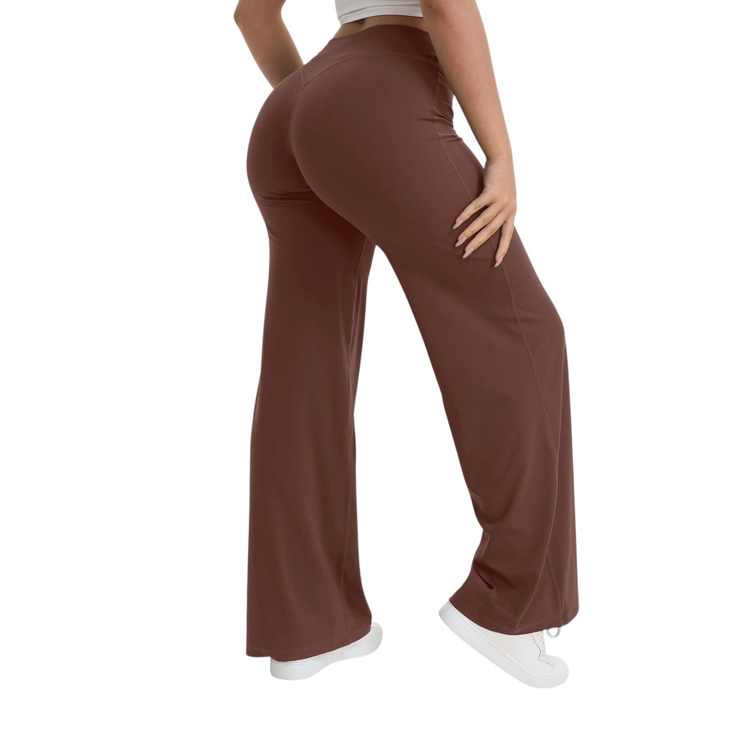 COMFORTHere NCLAGEN SoftMotion straight leg yoga pants in brown, made of soft nylon with a mid-waist elastic band.