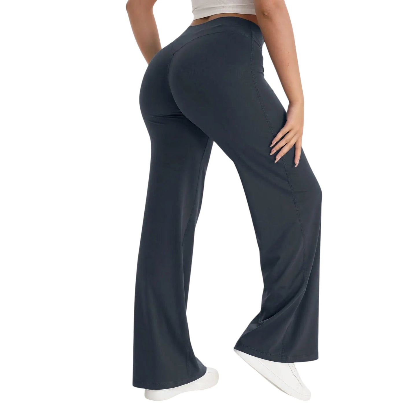 COMFORTHere dark grey straight leg yoga pants with a mid-waist elastic band and naked-feel nylon fabric.