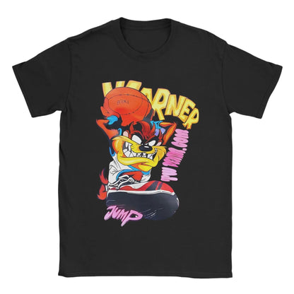 COMFORTHere black cotton t-shirt with Tazmanian Devil graphic and "WARNER" text. Features Taz playing basketball.