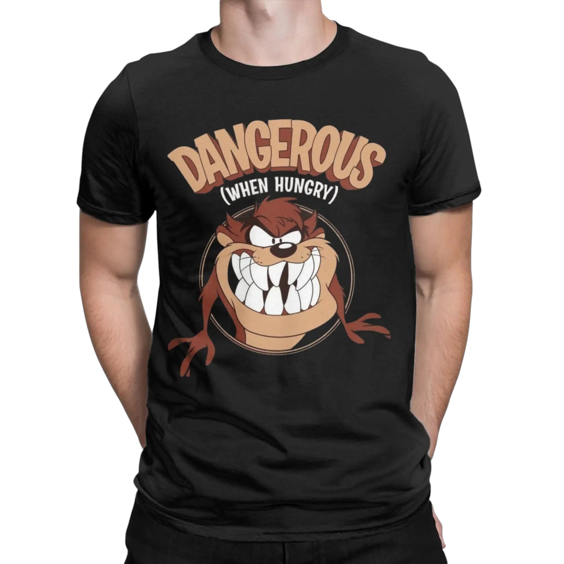 COMFORTHere black cotton t-shirt with a graphic of the Tasmanian Devil character from Looney Tunes, smiling with sharp teeth, and the text "Dangerous (When Hungry)".