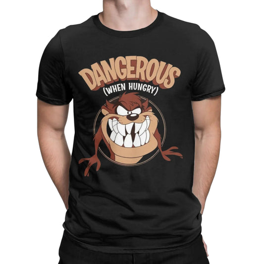 COMFORTHere black cotton t-shirt with a graphic of the Tasmanian Devil character from Looney Tunes, smiling with sharp teeth, and the text "Dangerous (When Hungry)".