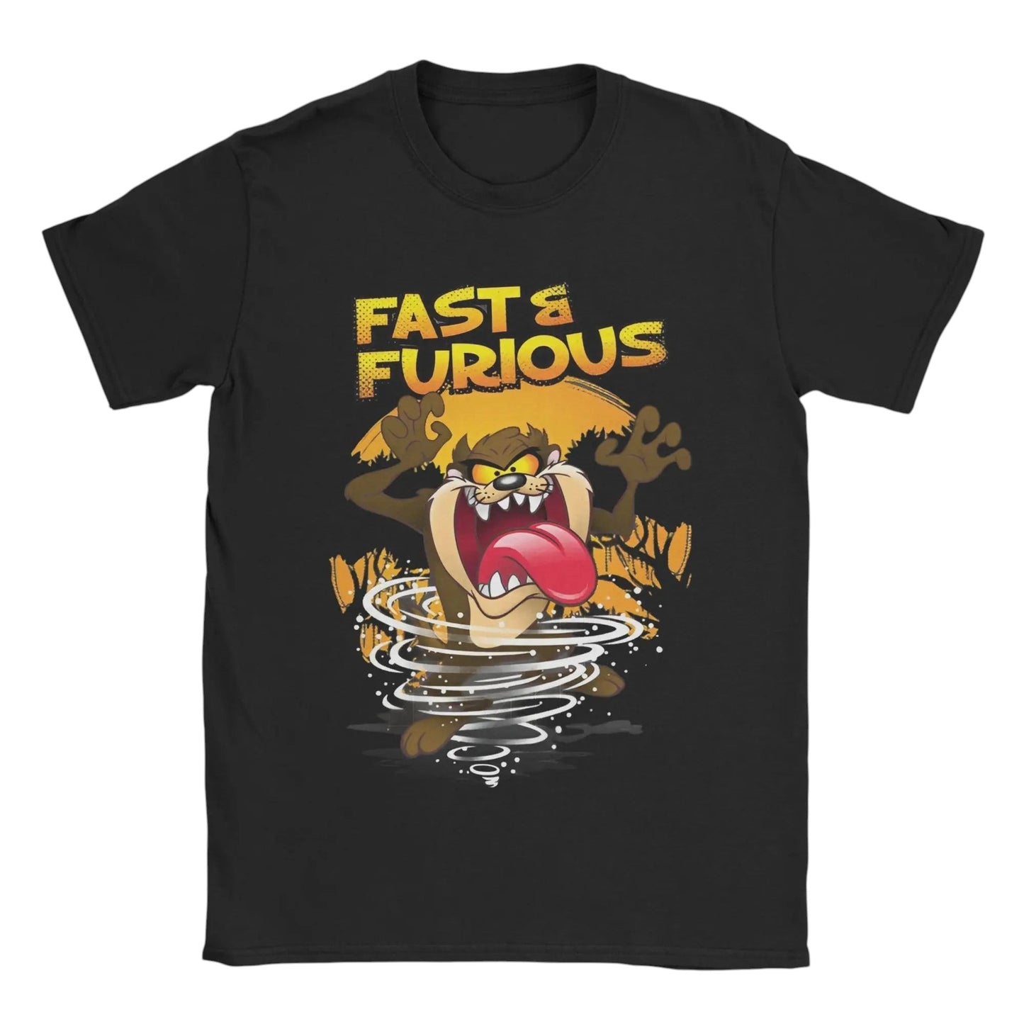 COMFORTHere black cotton t-shirt with Tazmanian Devil graphic and "Fast & Furious" text.