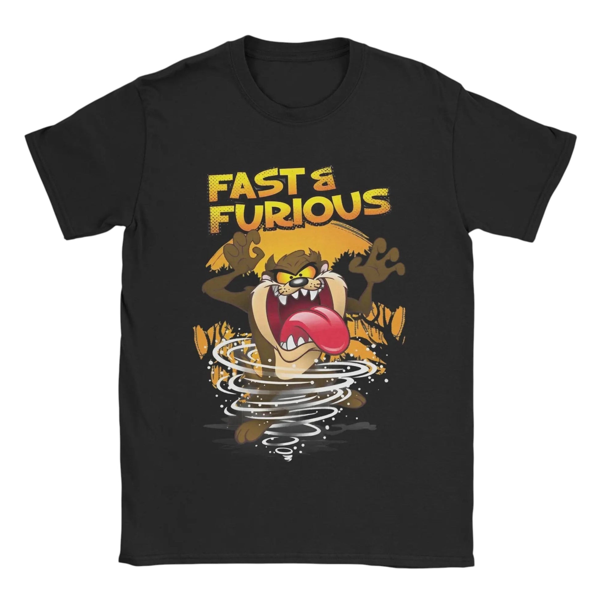 COMFORTHere black cotton t-shirt with Tazmanian Devil graphic and "Fast & Furious" text.