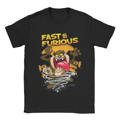 COMFORTHere black cotton t-shirt with Tazmanian Devil graphic and "Fast & Furious" text.