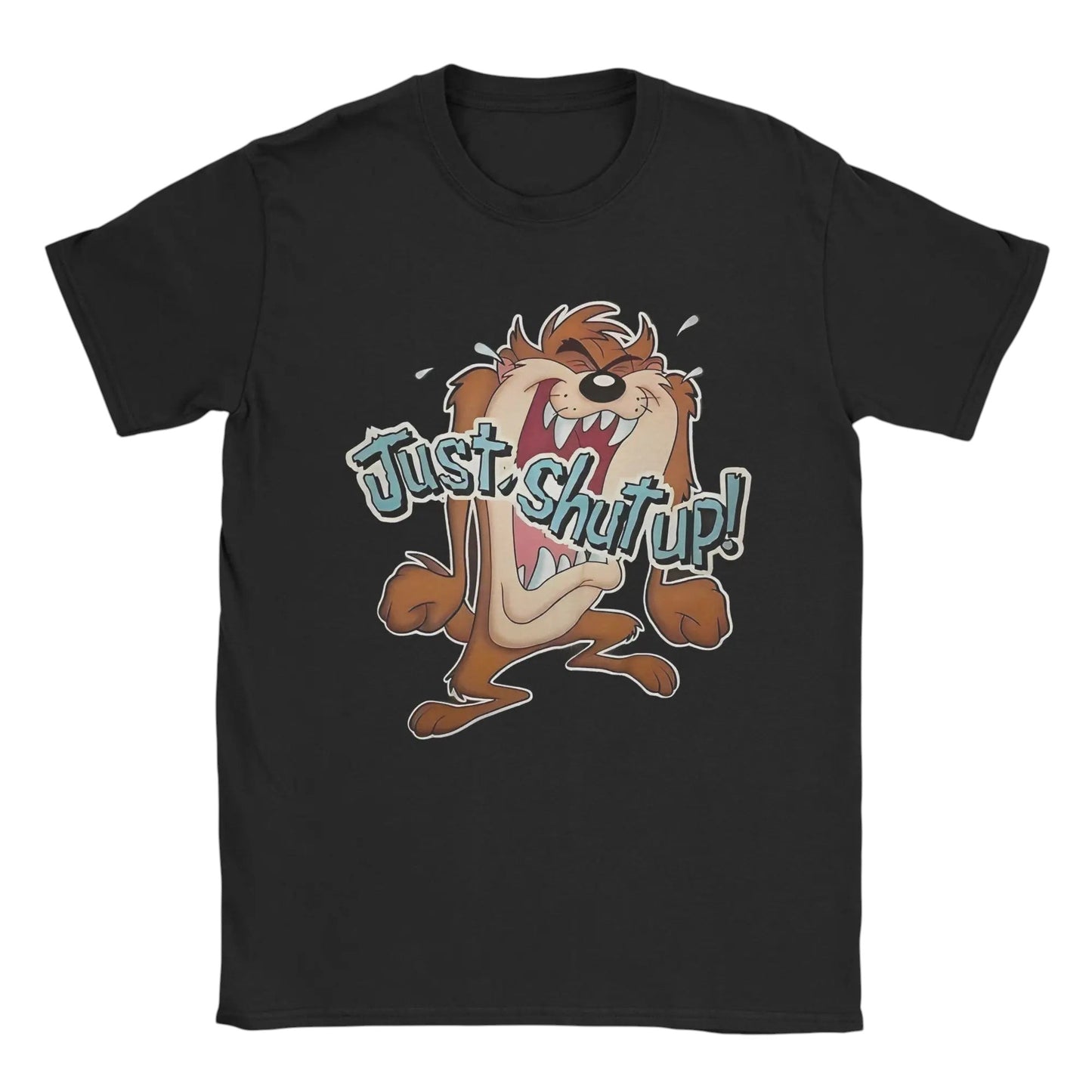COMFORTHere black cotton t-shirt with a graphic of the Tasmanian Devil yelling "Just Shut Up!" in a cartoon style.