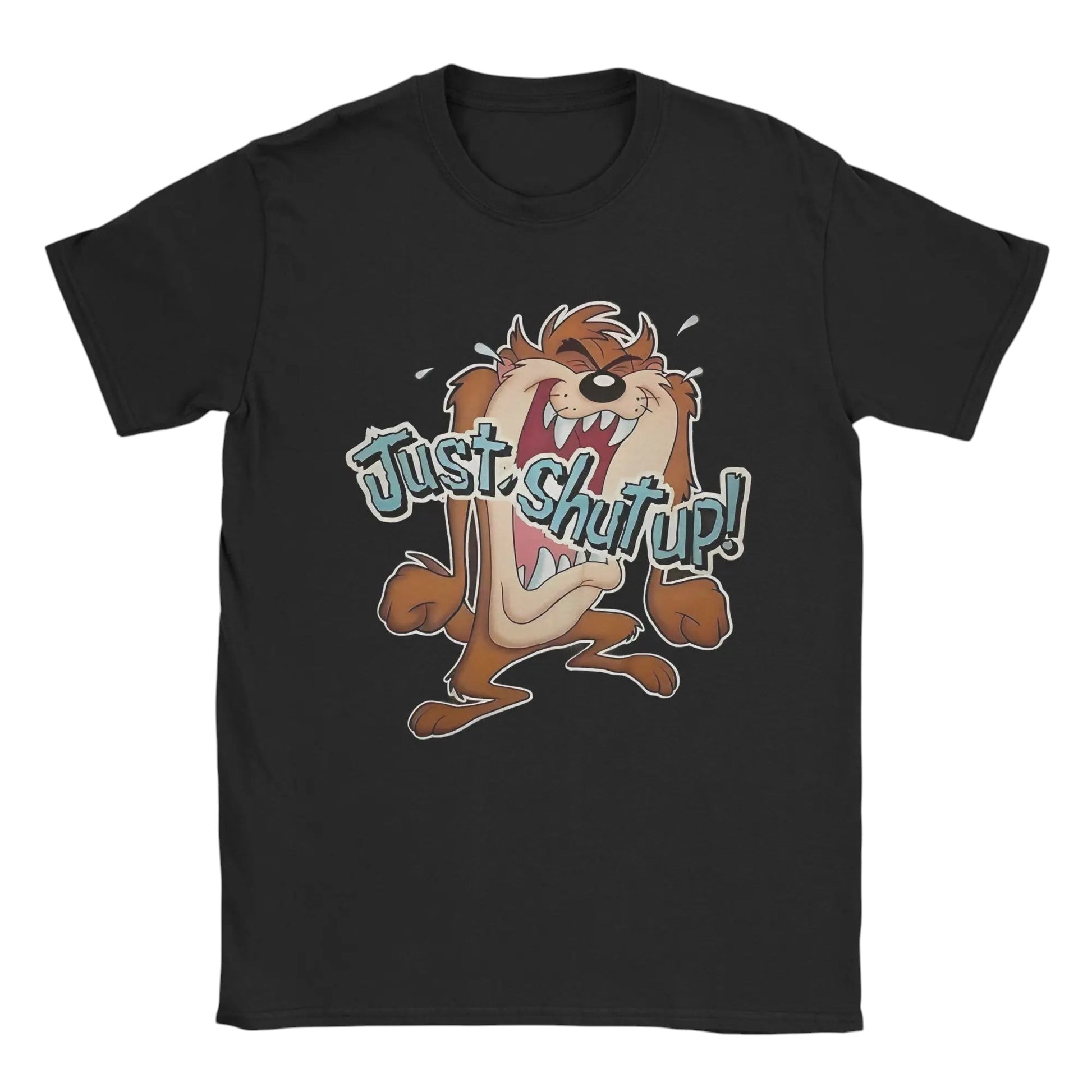COMFORTHere black cotton t-shirt with a graphic of the Tasmanian Devil yelling "Just Shut Up!" in a cartoon style.