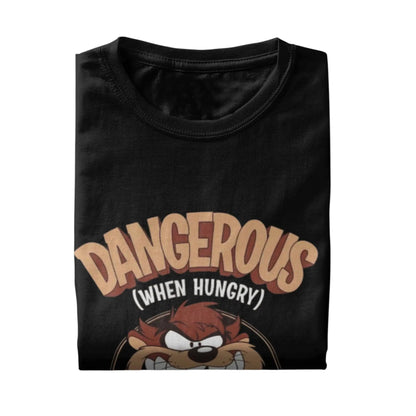 COMFORTHere black cotton t-shirt features Tazmanian Devil graphic with "Dangerous (When Hungry)" text. Relaxed fit.