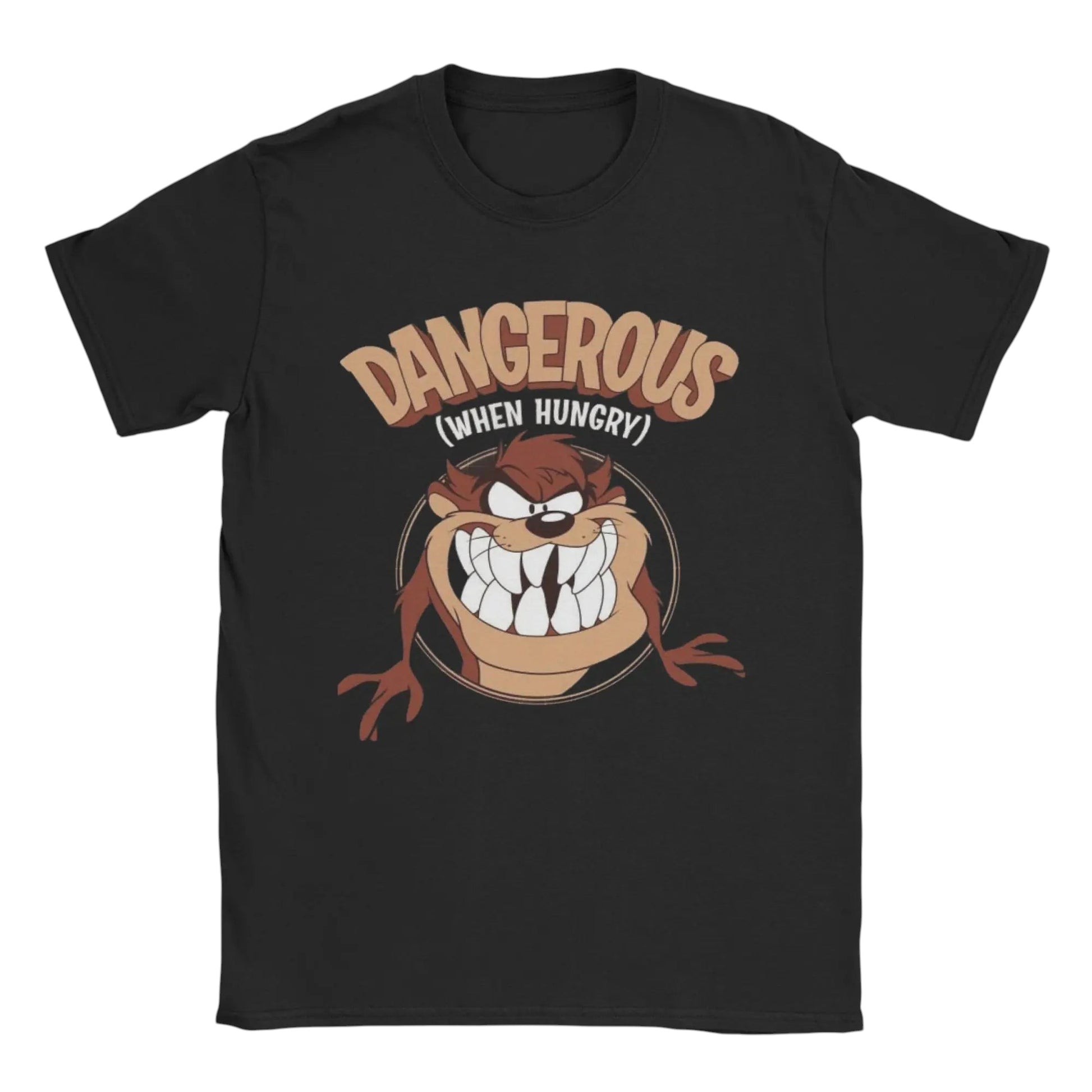 COMFORTHere Tazmanian Devil Dangerous When Hungry black cotton t-shirt with graphic print.