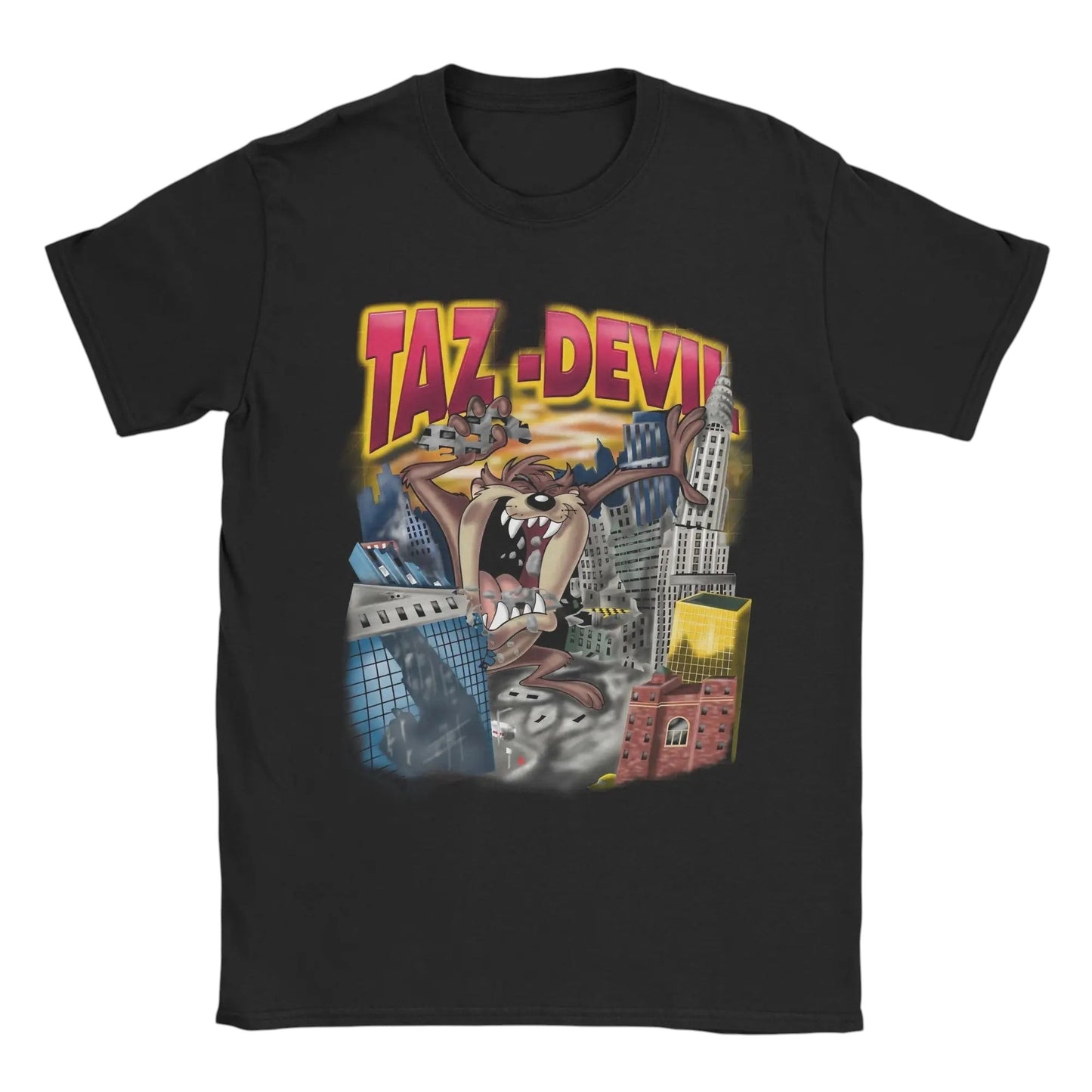 COMFORTHere black cotton t-shirt features Tazmanian Devil in a city, with