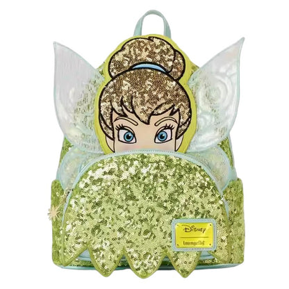 COMFORTHere Tinkerbell mini backpack with green sequins and iridescent wings. Features character face and Disney logo.