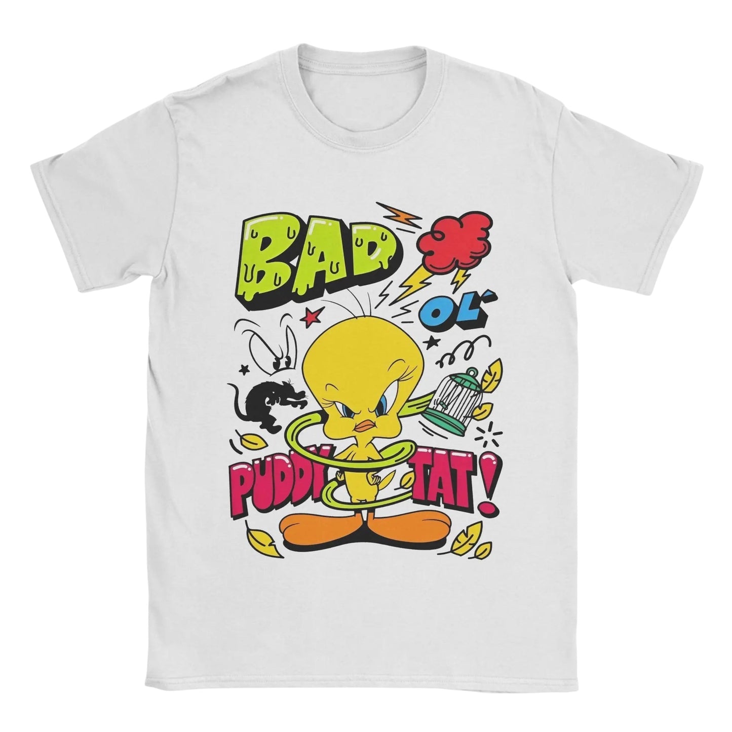 COMFORTHere white cotton t-shirt features Tweety Bird in a mischievous pose with the words "BAD OL PUDDY TAT!".