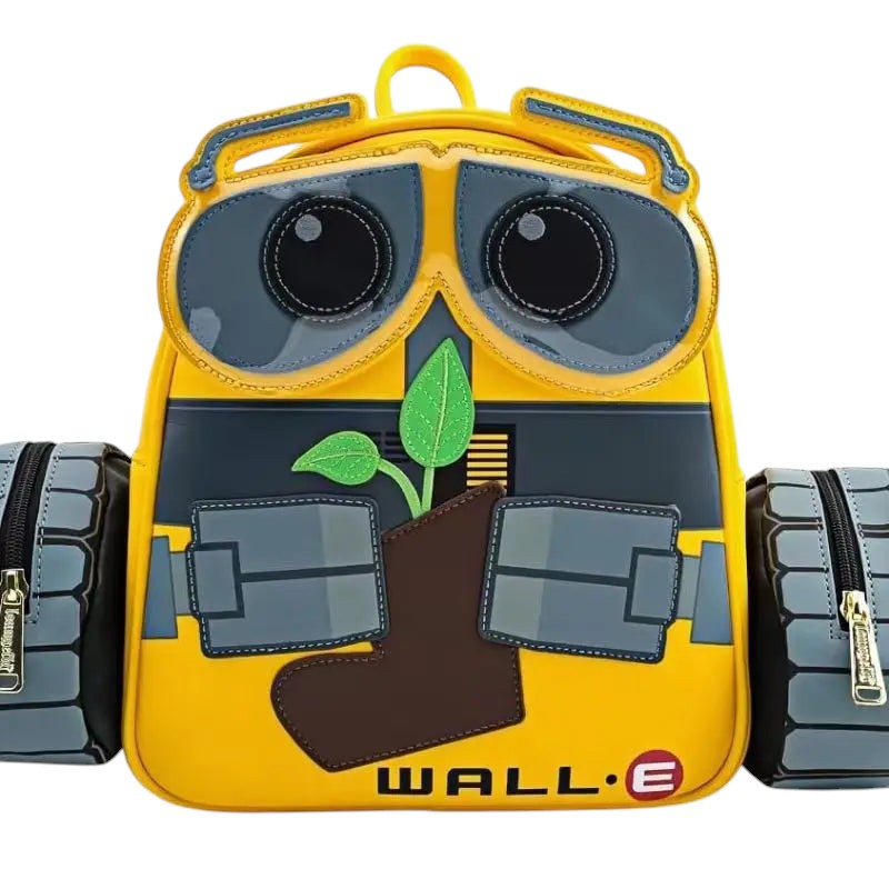COMFORTHere WALL-E mini backpack with plant sprout, featuring grey and yellow details and side pouches.