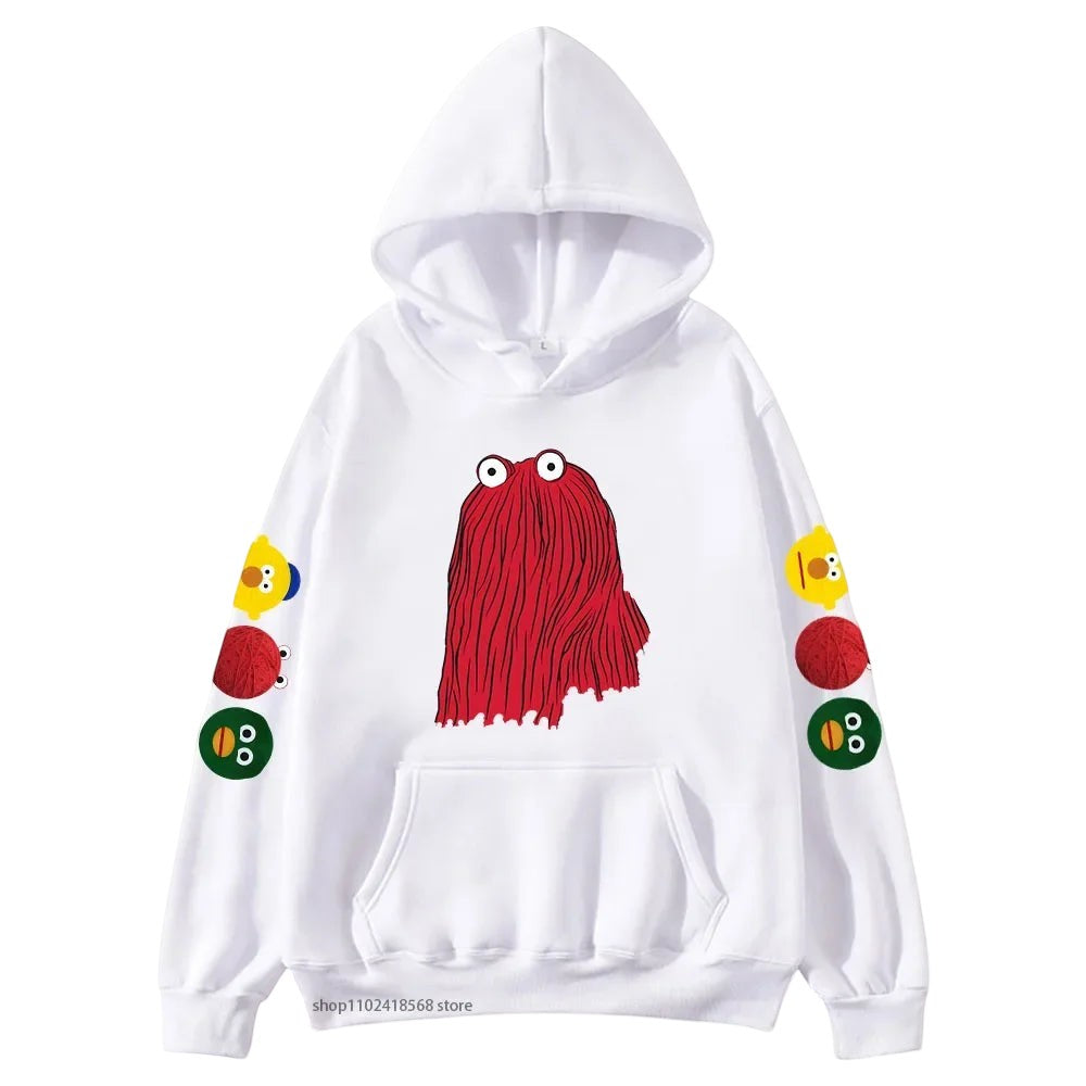 COMFORTHere white graphic hoodie with red character on front and sleeve icons. Soft fabric, front pocket.
