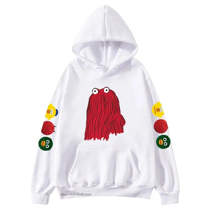 COMFORTHere white graphic hoodie with red character on front and sleeve icons. Soft fabric, front pocket.