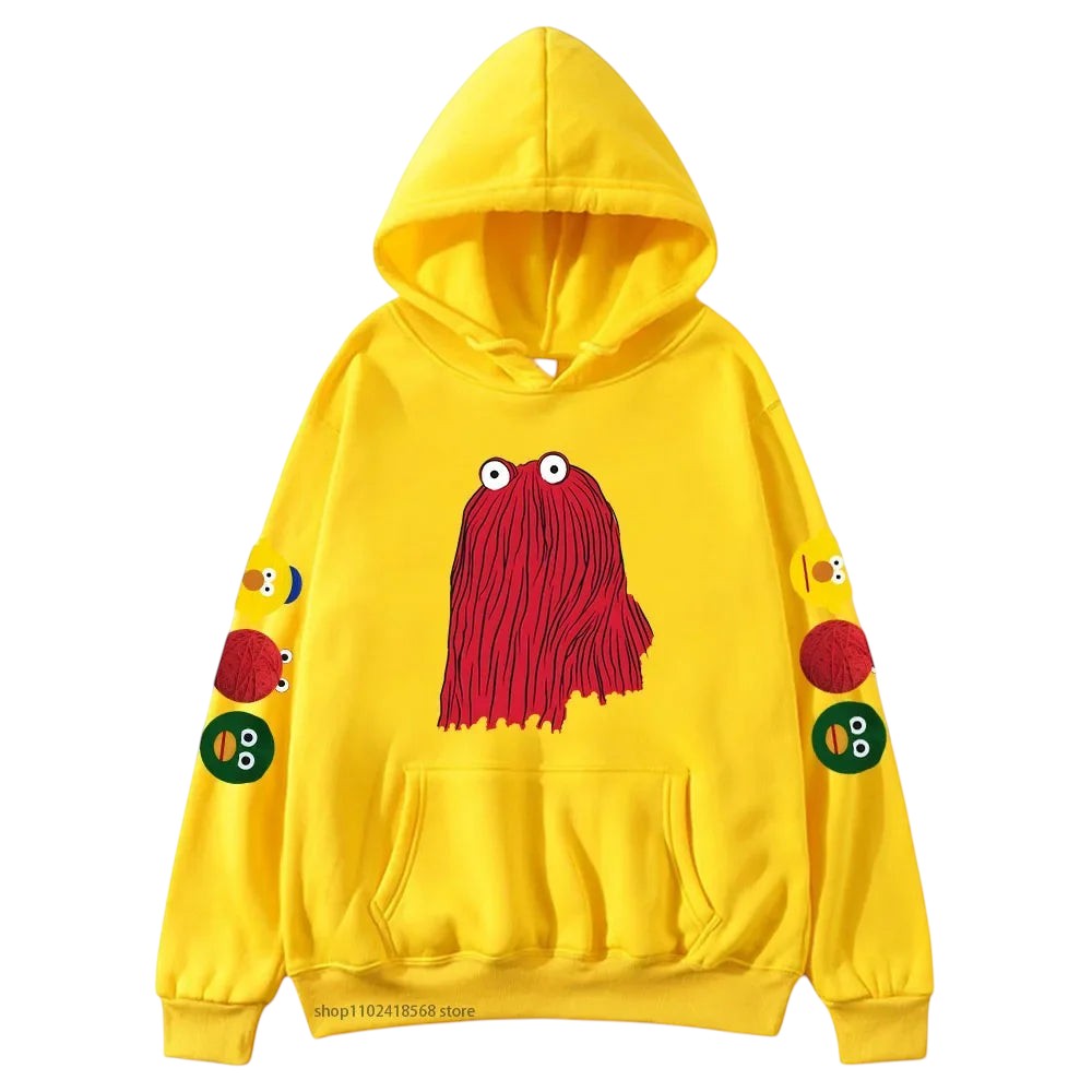 COMFORTHere yellow graphic hoodie with a red character on the front and character icons on the sleeves.