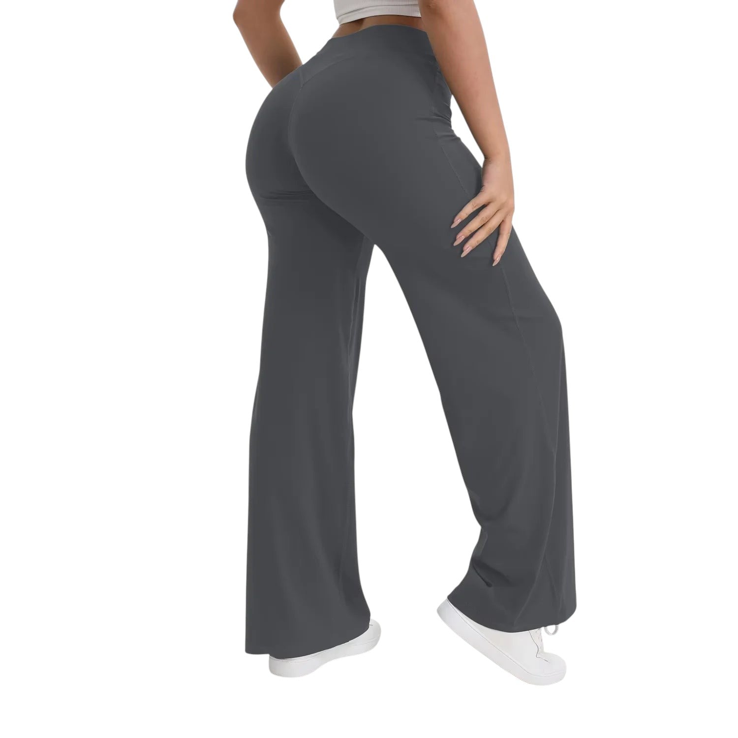 COMFORTHere NCLAGEN SoftMotion yoga pants in charcoal grey, straight leg, mid-waist, naked-feel nylon fabric.