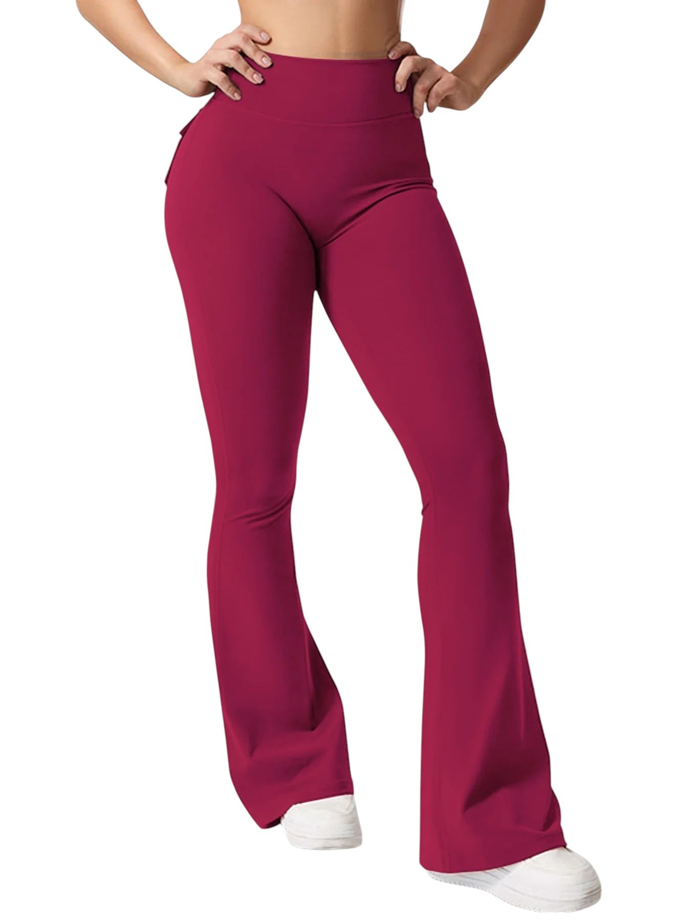 COMFORTHigh waisted flare yoga pants in a deep berry color with ruched back detail and pockets. Stretchy fabric.