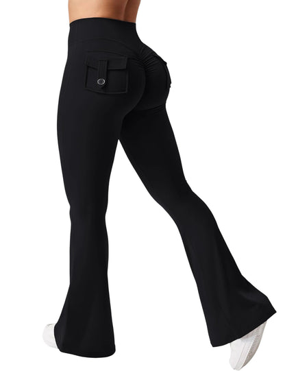 COMFORTHigh waisted black flare yoga pants with ruched back detail and functional back pockets.