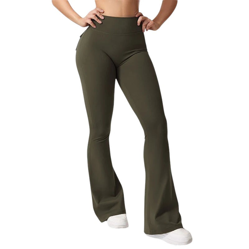 COMFORTHigh waisted olive green flare yoga pants with pockets and ruched back detail