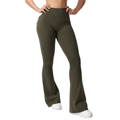 COMFORTHigh waisted olive green flare yoga pants with pockets and ruched back detail