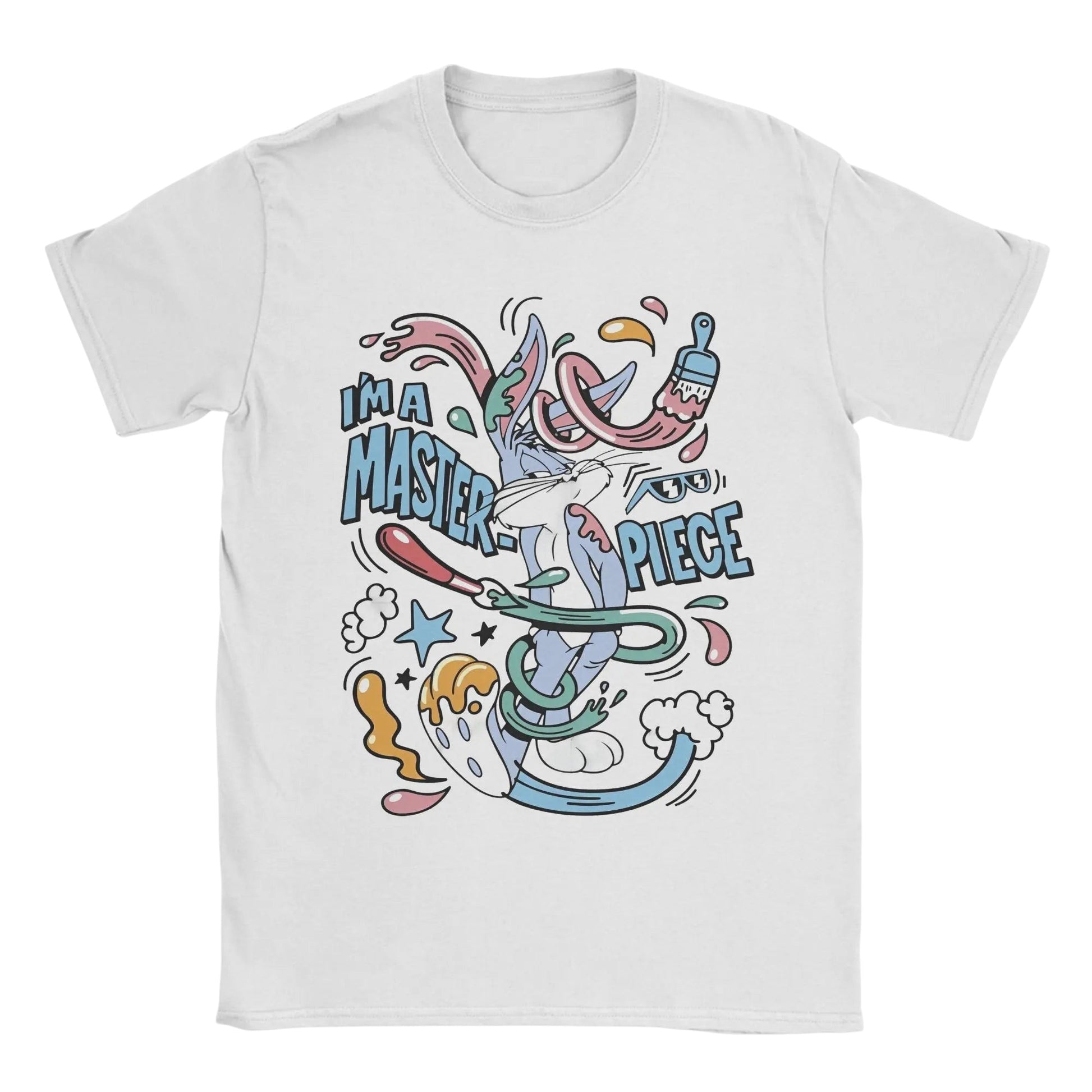 COMFORTHere white cotton t-shirt features Bugs Bunny painting with the text "I'm a Masterpiece".
