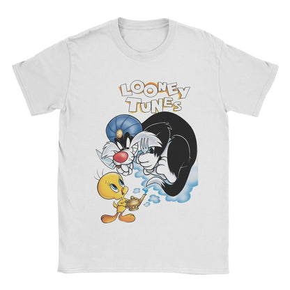 COMFORTHere white cotton t-shirt with Looney Tunes graphic of Sylvester the Cat and Tweety Bird holding a genie lamp.