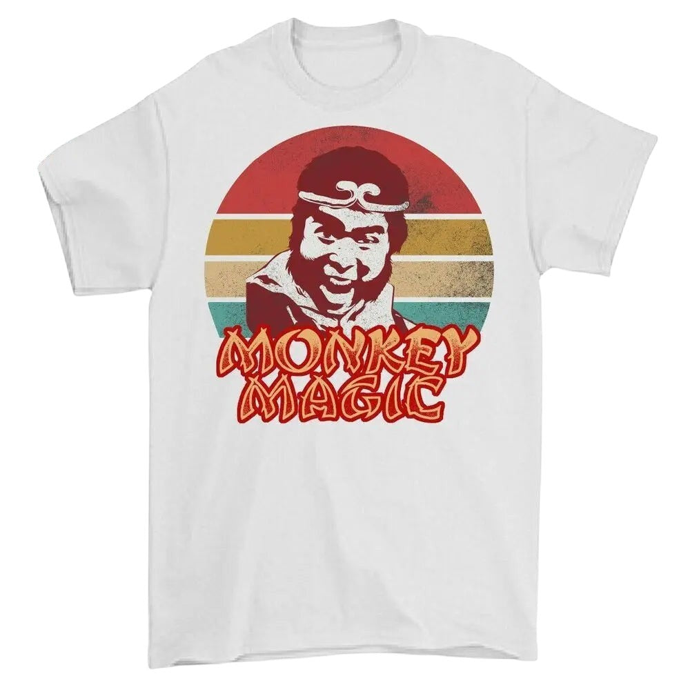 COMFORTHere white cotton t-shirt with a retro graphic of the Monkey King and "Monkey Magic" text.