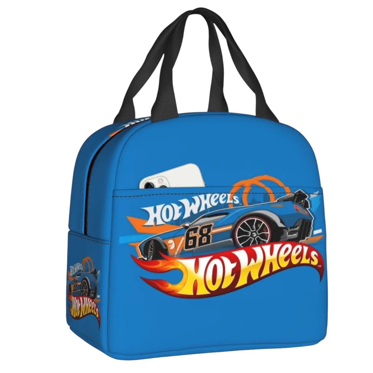 COMFORTHot Wheels blue insulated lunch bag with car graphic and flame details. Features dual handles and zippered closure.